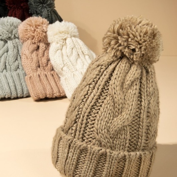 SOLD OUT Taupe Solid Cable Knit Basic Pompom Beanie Women's Winter Hat - Picture 2 of 4